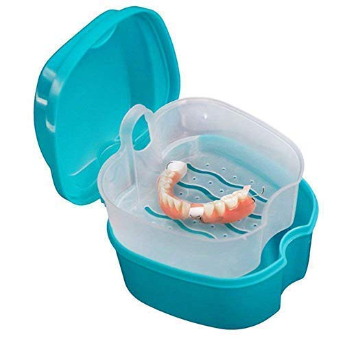Denture Case, Denture Cup with Strainer, Coolrunner Denture Bath Box False Teeth Storage Box with Basket Net Container Holder for Travel, Retainer Cleaning (Green) Green