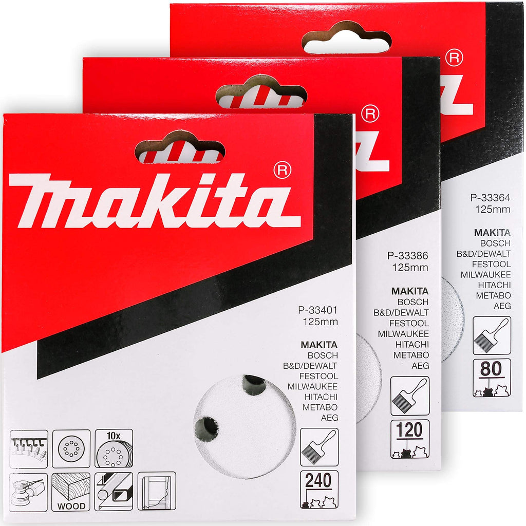 Makita 30 Piece - Multi Grit Sanding Disc Set For 5" Random Orbit Sanders - For Wood, Metal & Plastic - 80, 120 & 240 Grit | 8 Hole Hook-And-Loop Sandpaper 30 Piece | Multi-Grit Sanding Disc Set