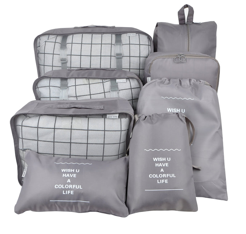Vercord 8 Set Travel Packing Pods Luggage Organizers Cubes with Laundry Bags Accessories, Grey