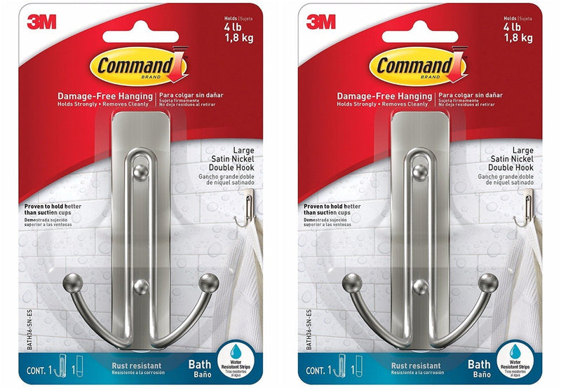 Command Large Double Bath Hook, Satin Nickel, 2-Hooks, 2-Large Water-Resistant Strips