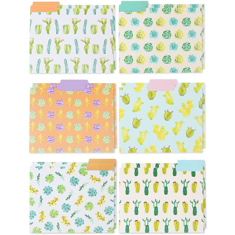 File Folders - 12-Pack Decorative File Folders, 6 Beautiful Succulent Plant Colorful File Folders, Designer File Folders - Letter Size 1/3 Cut 1/2 inch Top Memory Tab, 11.5 x 9 inches