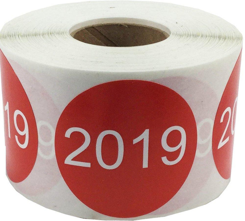 Red 2019 Circle Stickers, 1.5 Inches Round, 500 Labels on a Roll