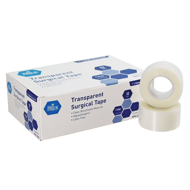 Med PRIDE Transparent Medical Tape (Pack of 12 Rolls) - First Aid Adhesive Clear Surgical Bandage Tape For Wound Dressing Care No Latex, Breathable And Hypoallergenic - 1 inch x 10 Yds 1'' x 10 yards