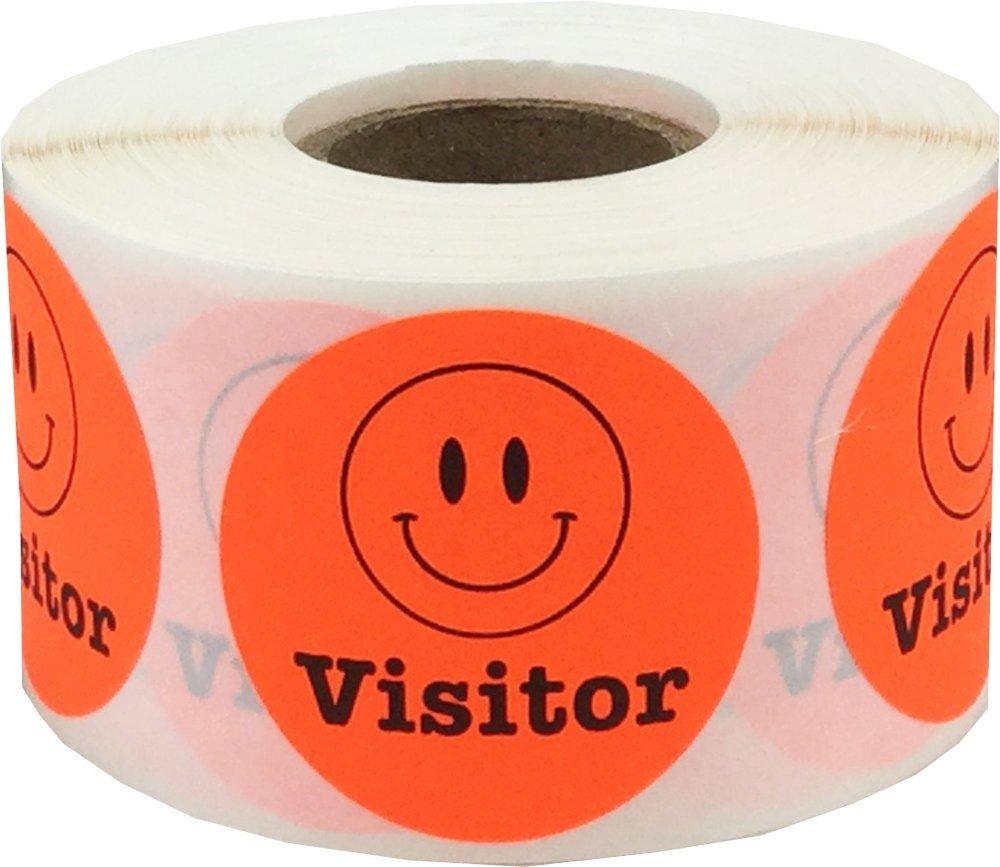 Happy Face Visitor Labels Fluorescent Red 1 1/2 Inch Round Circle Dots 500 Adhesive Stickers