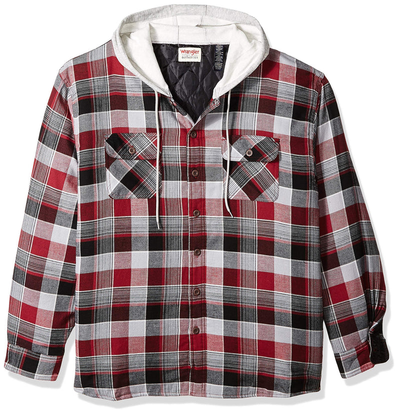 Wrangler Authentics Men's Long Sleeve Quilted Lined Flannel Shirt Jacket with Hood Small Biking Red