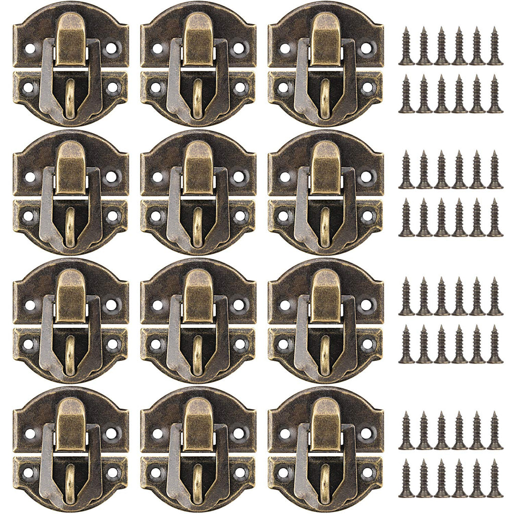 PAGOW 27MM Antique Brass Latch hasps, 12-Pack with Bronze Screws for Wooden Jewelry Box Cabinet Decorative, Suitcase Box Old Style Lock (12 Pack) 12 Pack