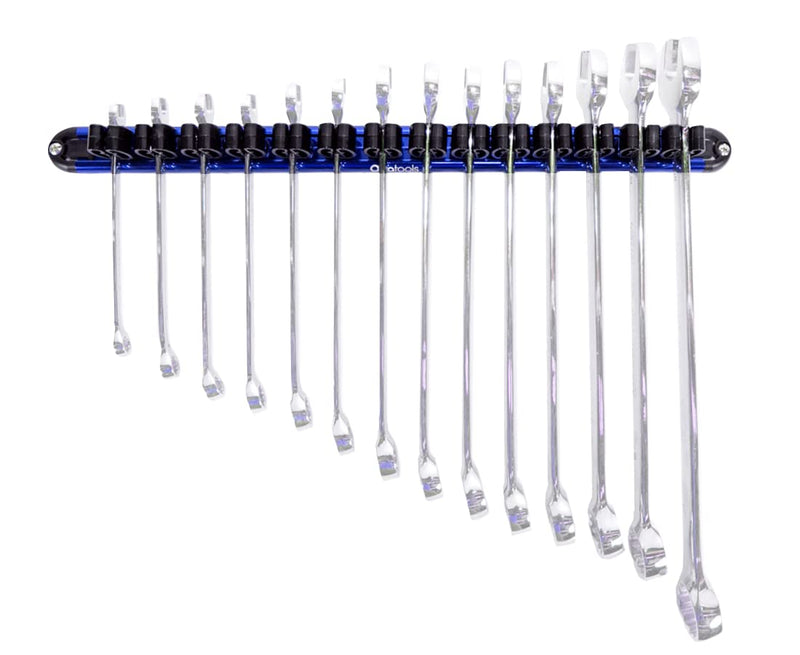 Olsa Tools Wall Mount Wrench Organizer with Rotating Clips | Blue Anodized Aluminum + Black Clips | Premium Quality Wrench Holder | 14 Wrenches Fit Rack Blue Aluminum + Black Clips