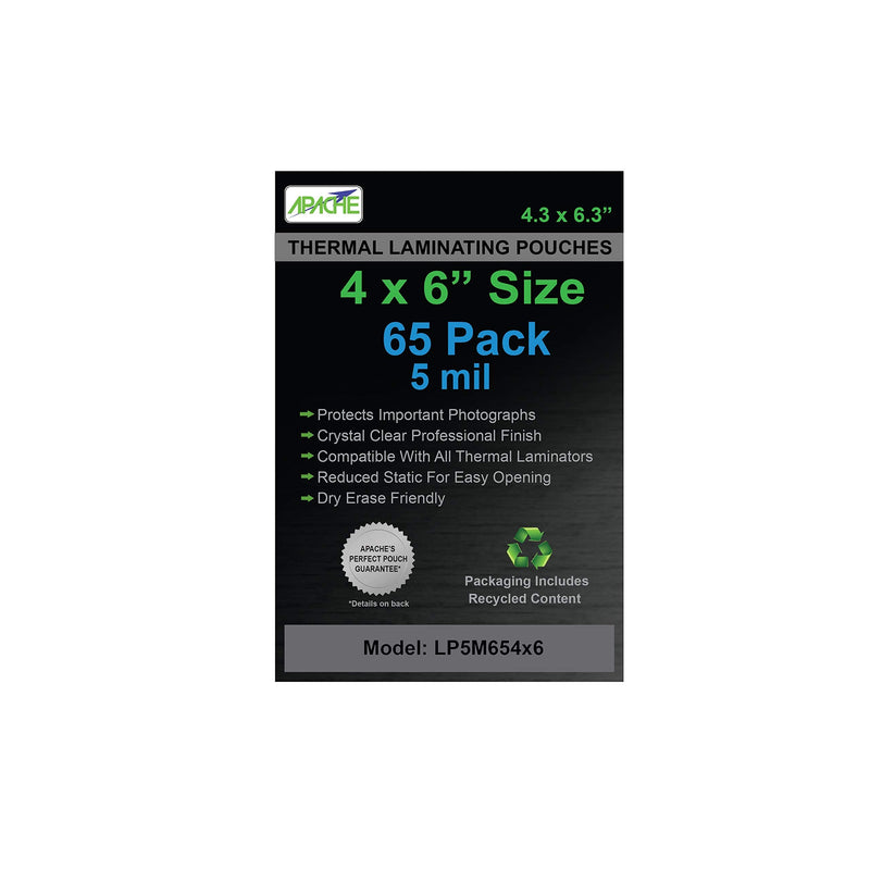 Apache Laminating Pouches, 5 mil, 4x6" Size, 65 Pack