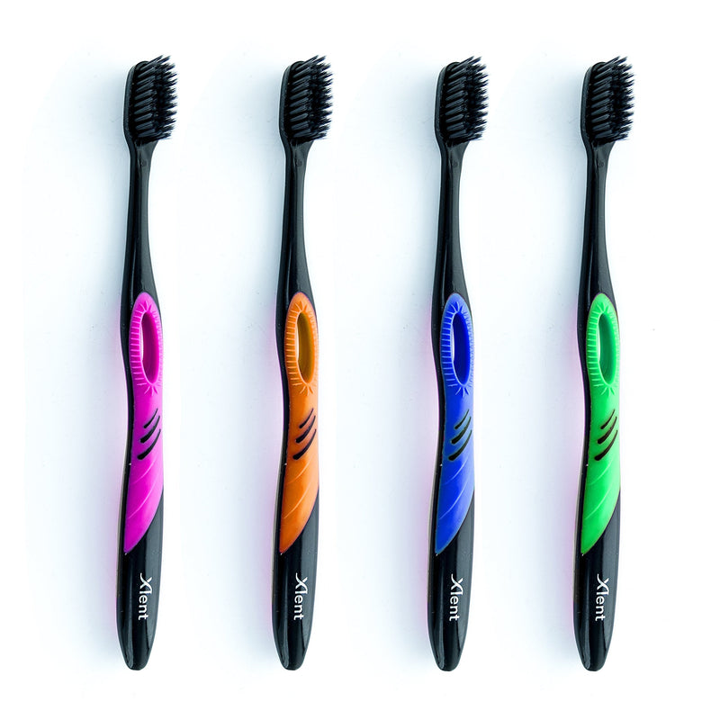Activated Charcoal Bristle Toothbrush - Xtreme (Extreme) Soft, Ultrafine, Tapered bristles, Compact Head & Slim Design - (4 Count) 4 Count (Pack of 1)