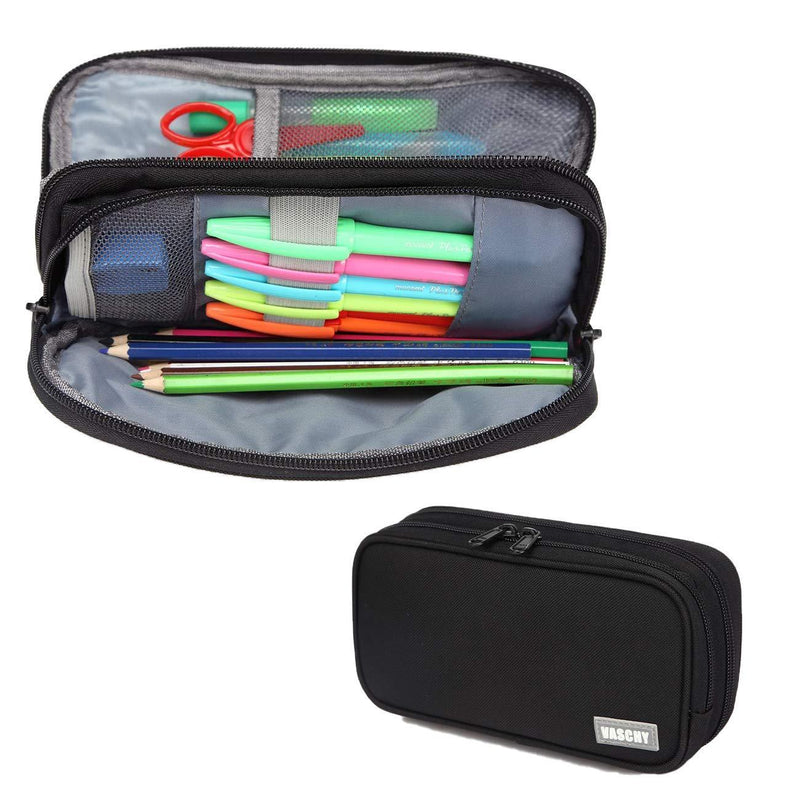 Pencil Case for adults,Vaschy Pen Organizer Pouch with Double Zippers Multi Compartments School Supplies for College Students Black