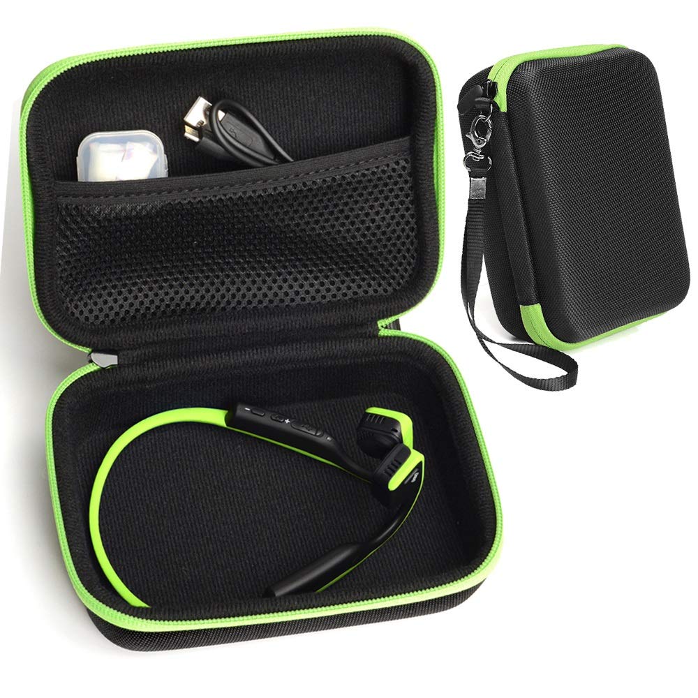 Protective case for Bone Conduction Headphones Like Aftershokz Trekz Titanium, Trekz Mini, Trekz Air, Bluez 2, 2S; KSCAT, Sades, DIGICare, allmity, Yaklee, Abco Tech, LQING, longee, HYON, 4inloveme Ballistic Black+Green Zip