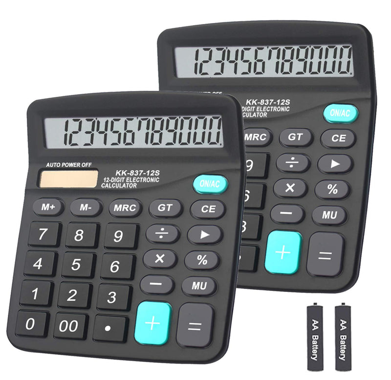 Calculator, BESTWYA Dual Power Handheld Desk Calculator with 12 Digit Large LCD Display Big Sensitive Button （Black, Pack of 2） Black, Pack of 2