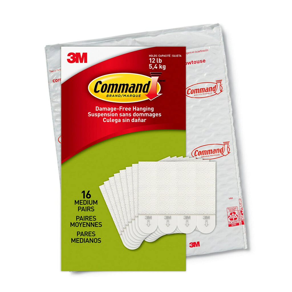 Command Picture Hanging Strips, Medium, White, Holds up to 12 lbs., 16-Pairs (32-Strips), Easy to Open Packaging 16 Pairs