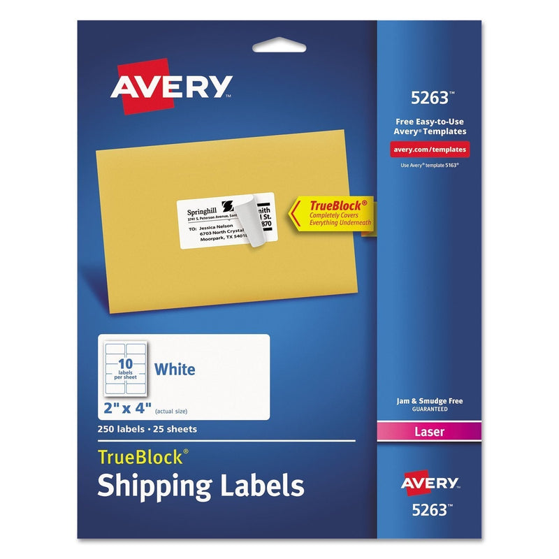 Avery 5263 Laser Labels, Mailing, Permanent, 2-Inch x4-Inch, 250/PK, White