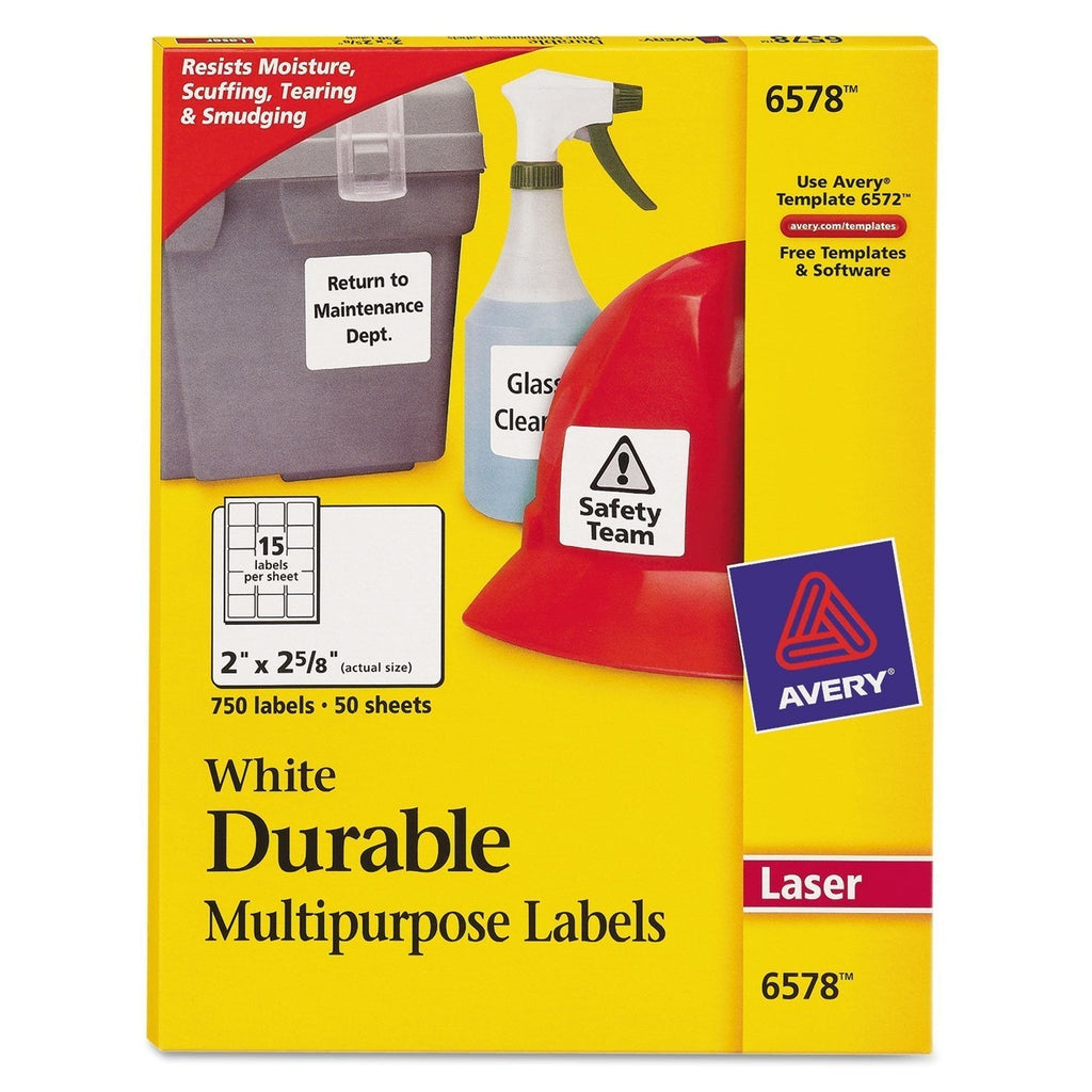 Avery 6578 Durable ID Labels,Laser,Permanent,2-Inch x2-5/8-Inch,750/BX,WE