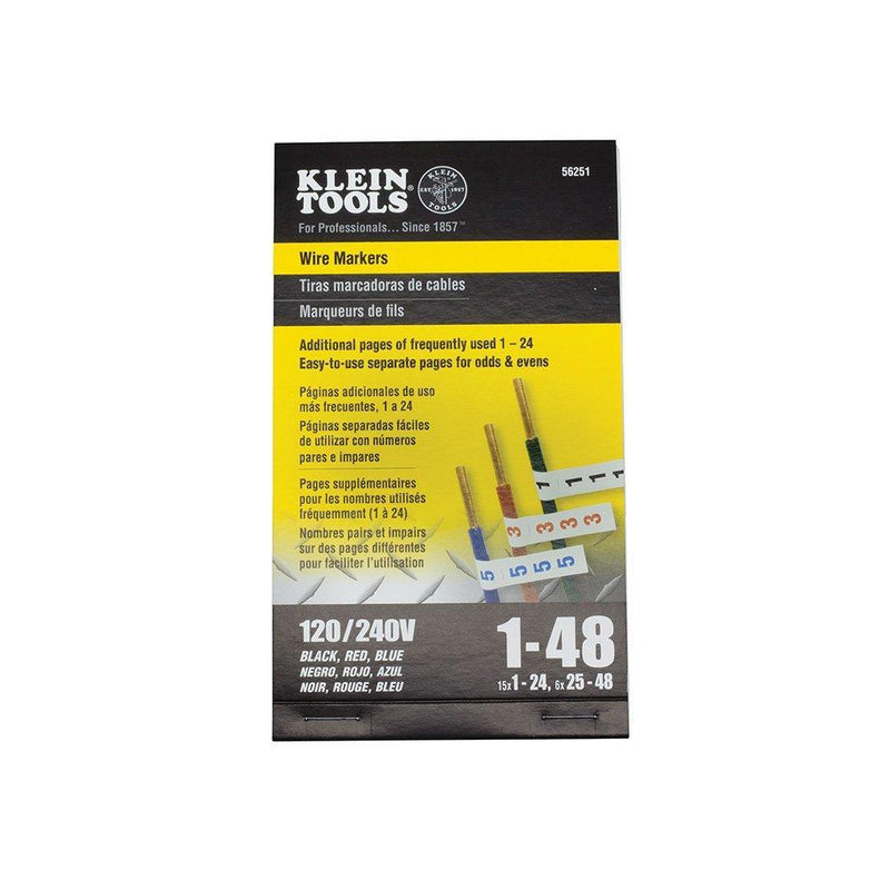 Klein Tools 56251 Wire Marker Book 120/240V 3 Phase 1-48, Black, Blue, Red Printed on White