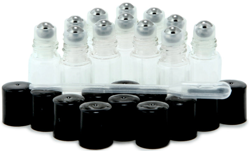 Vivaplex, 12, Clear, 3 ml Glass Roll-on Bottles with Stainless Steel Roller Balls - Dropper included