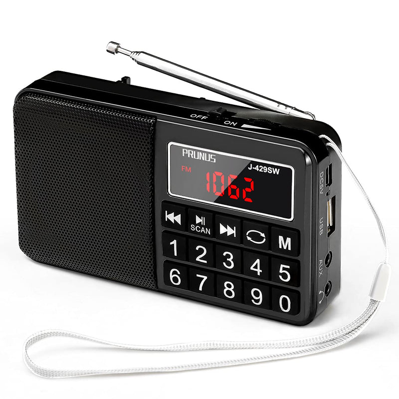 PRUNUS L-429 AM FM Portable Radio Digital Battery Operated Radio with Neodymium Speaker, SW Band, Auto Save, USB Flash Drive TF Card AUX Input MP3 Player (Black) Black