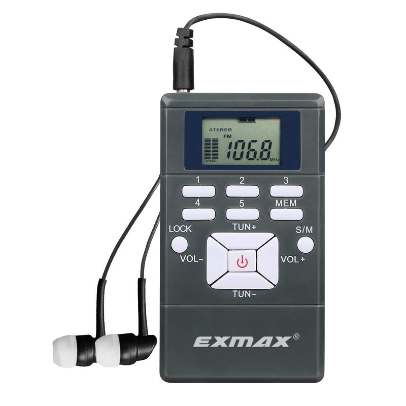 EXMAX® EXG-108 Wireless Stereo FM Radio Receiver Portable Pocket Small Mini FM Radio Receiver Earbuds LCD Clock Earphone for FM Translator Tour Guide System Jogging Running Walking Yardwork - Gray