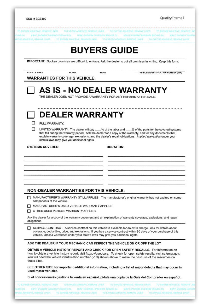 2 Part Dealer Buyers Guide Form, English Format - As is - No Dealer Warranty/Dealer Warranty (50) 50