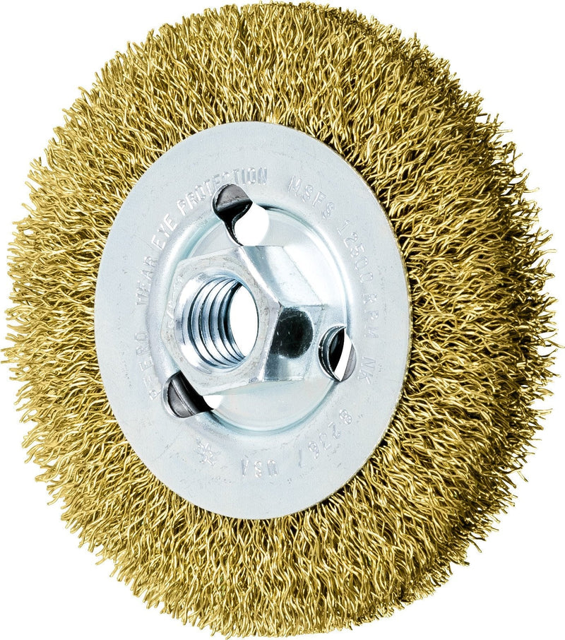 PFERD 82367 Crimped Wheel Brush, Brass Wire, 4" Diameter, 5/8-11 Thread, 0.012 Wire Size, 11/16" Trim Length, 1/2" Face Width, 12500 RPM