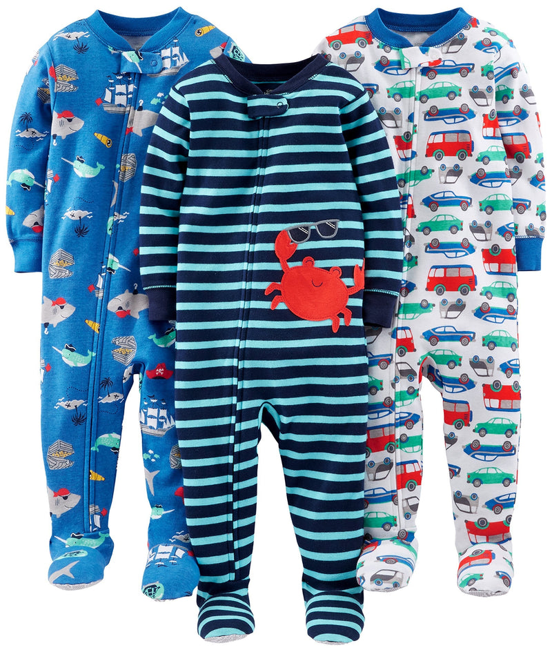 Simple Joys by Carter's Boys' 3-Pack Snug Fit Footed Cotton Pajamas 6-9 Months Blue/Teal Blue/White, Cars/Crab