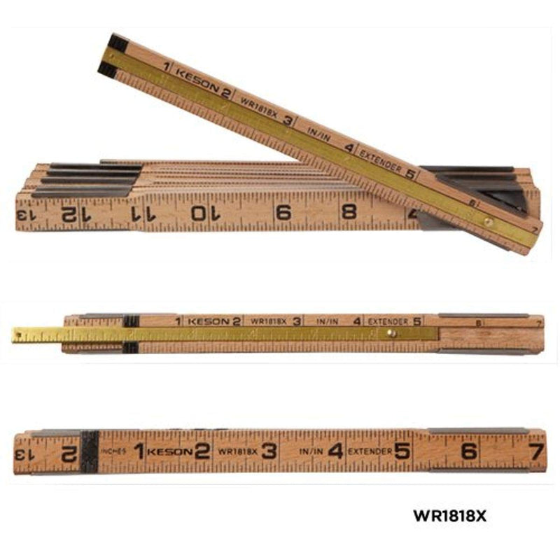 Keson WR1818X Wood Ruler with Brass Extender, 5/8-Inch by 6-Foot ft, in & ft, in, with 6 in extender