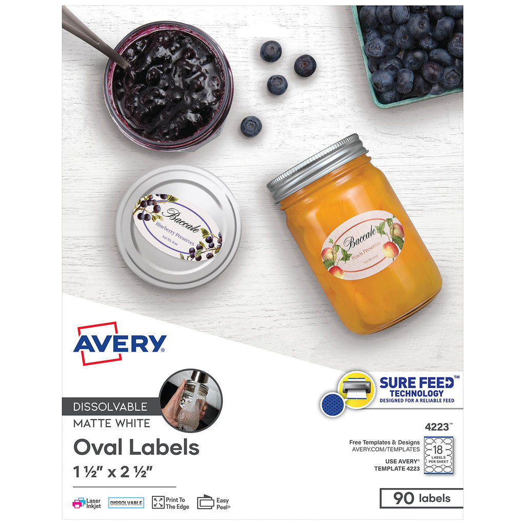 Avery Printable Blank Oval Labels, 1.5"x 2.5", White Dissolvable, 90 Customizable Labels (4223)