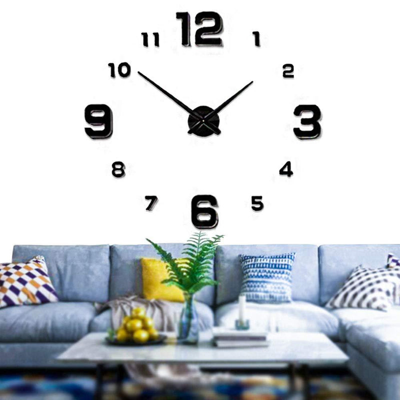 Mintime Modern Frameless DIY Wall Clock Large 3D Wall Watch Mirror Numbers for Home Office Decorations Black-005