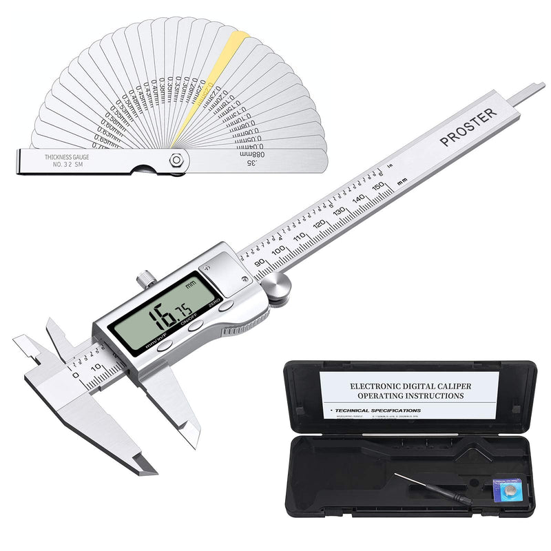 Proster Digital Vernier Caliper 6inch/150mm + 32 Feeler Gauges Dial Calipers Electronic Caliper Fractions/Inch/Metric Calipers Measuring Tool for Length Width Depth Inner/Outer Diameter 150 Mm/6 Inch
