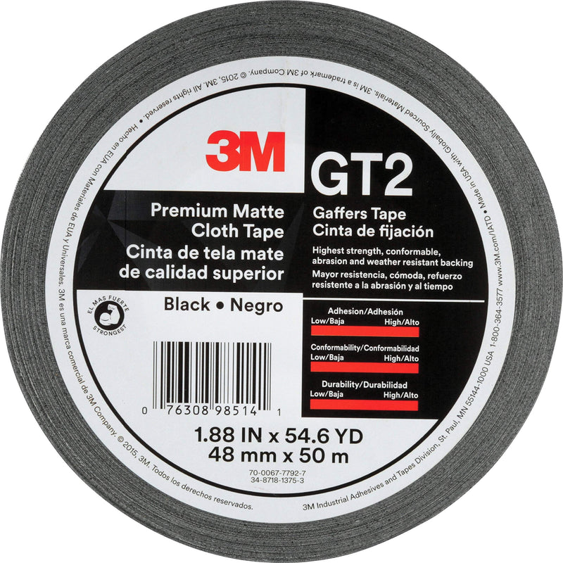 3M Premium Matte Cloth Gaffers Tape GT2, Black, 48 mm x 50 m, 11 mil