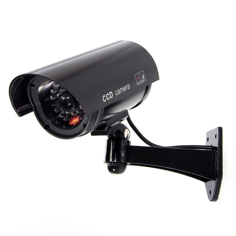 Dummy Security Camera, Fake CCTV Surveillance System with Realistic Red Flashing Lights and Warning Sticker for Indoor Outdoor (1, Black) 1 Black