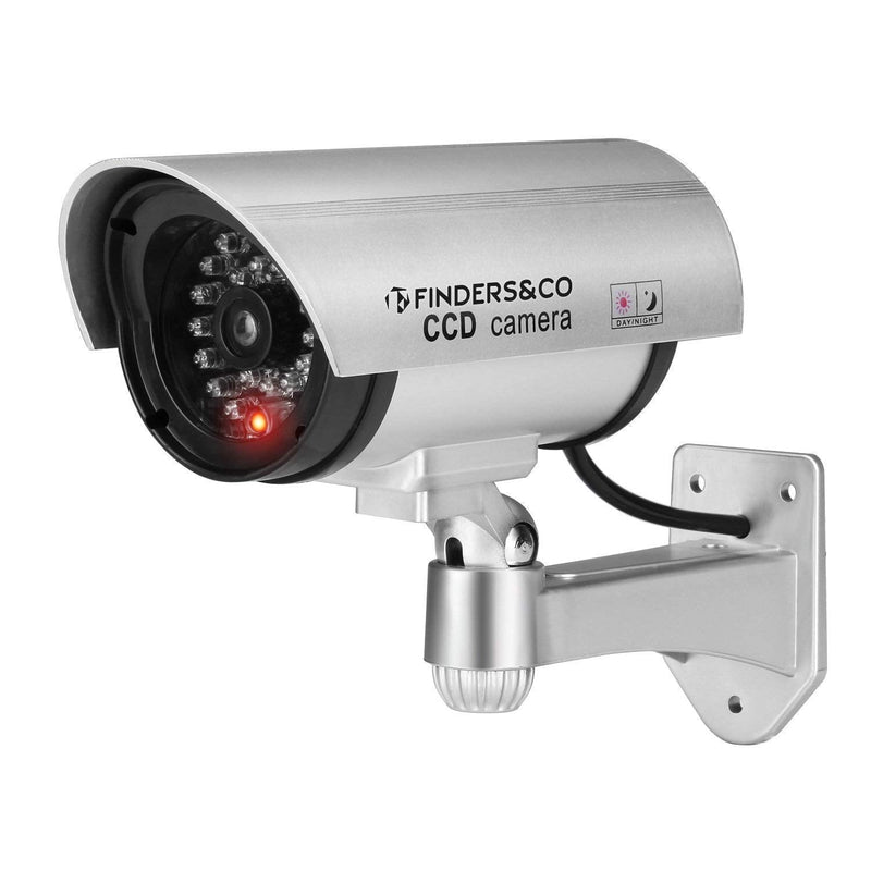 Dummy Security Camera, Fake CCTV Surveillance System with Realistic Red Flashing Lights and Warning Sticker (1, Silver)