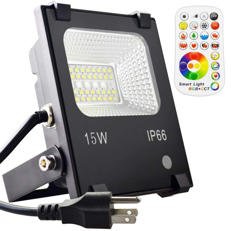 Melpo 15W Led Flood Light Outdoor, Color Changing RGB Floodlight with Remote, 120 RGB Colors, Warm White to Daylight Tunable, IP66 Waterproof, US 3-Plug Pack of 1
