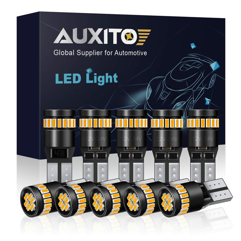 AUXITO 194 LED Light Bulb, Amber Yellow 168 2825 W5W T10 Wedge 24-SMD 3014 Chipsets LED Replacement Bulbs for Car Dome Map License Plate Lights (Pack of 10)