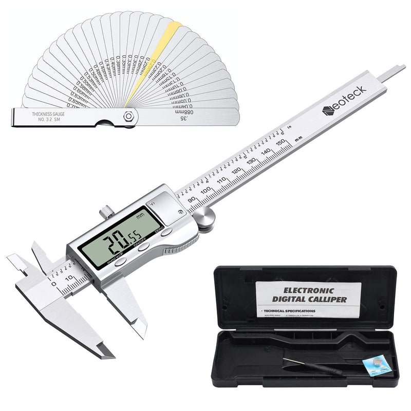 Neoteck 6 inch Digital Caliper and Feeler Gauge Set, Stainless Steel Electronic Vernier Caliper Fractions/inch/Metric Conversion