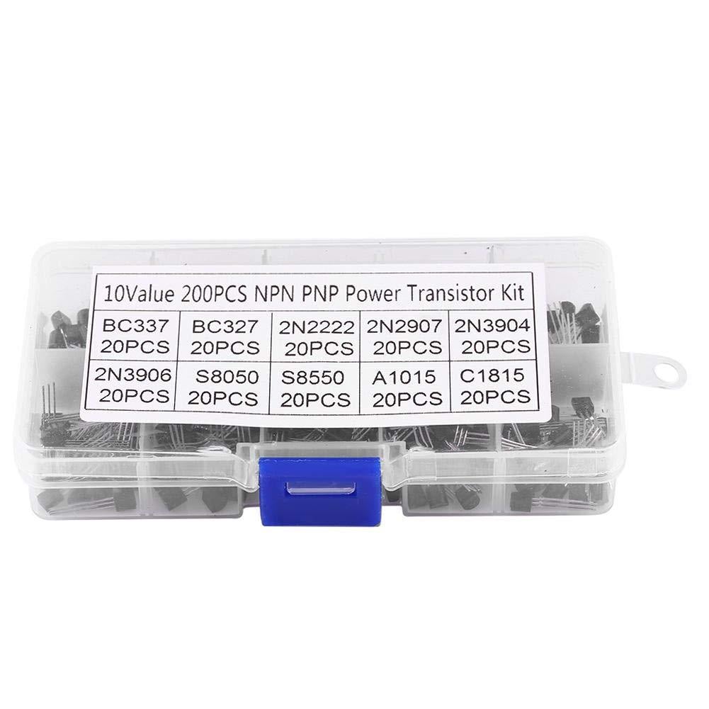 200 Pcs 10 Values Silicon NPN PNP Power Transistor Assortment Kit (BC337 BC327 2N2222 2N2907 2N3904 2N3906 S8050 S8550 A1015 C1815)