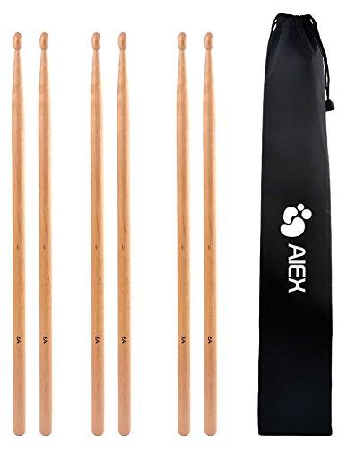 5A Drumsticks, AIEX 3 Pair Drum Sticks Classic Maple Wood Drumsticks Wood Tip Drumstick for Students and Adults (with Waterproof Bag)