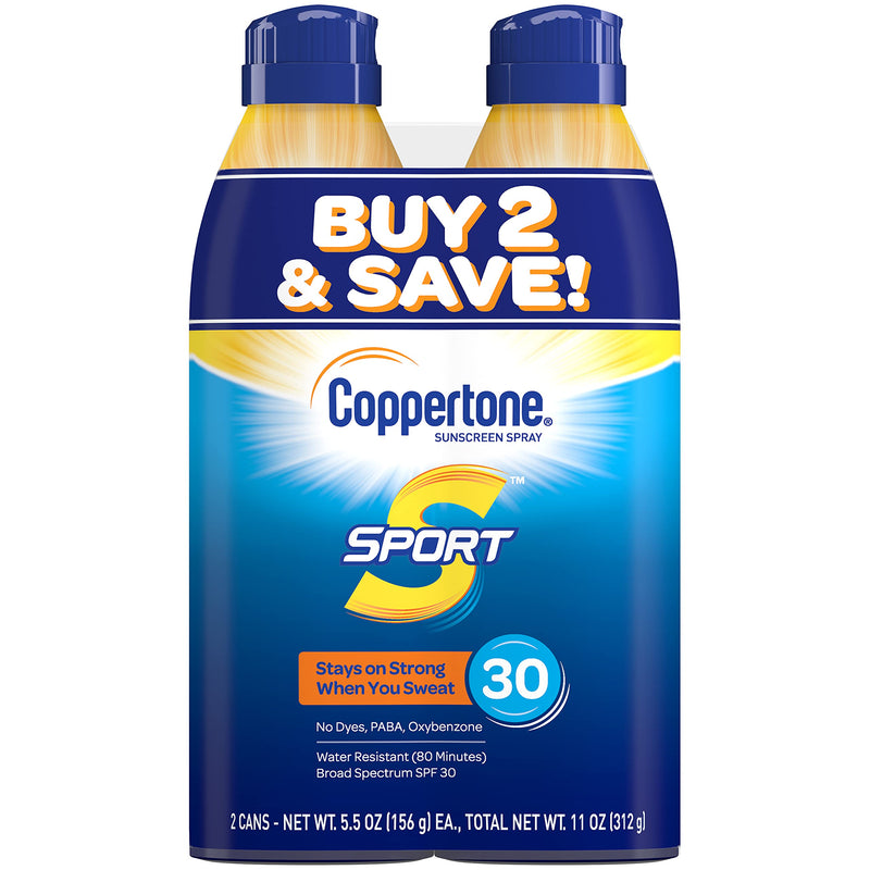 Coppertone Sport Continuous Sunscreen Spray Broad Spectrum SPF 30 (5.5 Ounce per Bottle, Pack of 2) (Packaging May Vary)