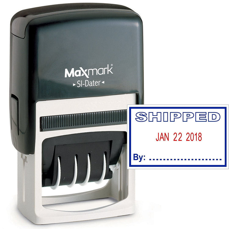 MaxMark Office Date Stamp with Shipped Self Inking Date Stamp - Blue/RED Ink