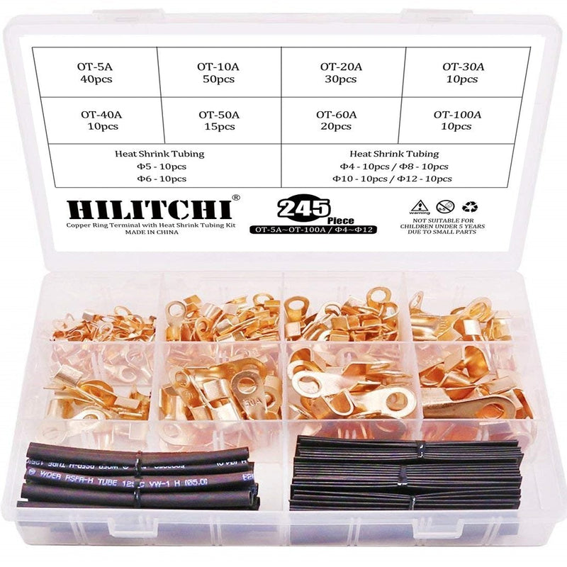 Hilitchi 245-Pcs Open Barrel Wire Crimp Copper Ring Lugs Terminal Connector with 2:1 Heat Shrink Tubing Assortment Kit - OT 5A 10A 20A 30A 40A 50A 60A 100A