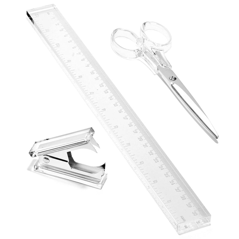 Acrylic Accessories Set - Office Desk Silver Modern Accessories Include Staple Remover, 6.5" Scissors & 12" Ruler for Home or Work