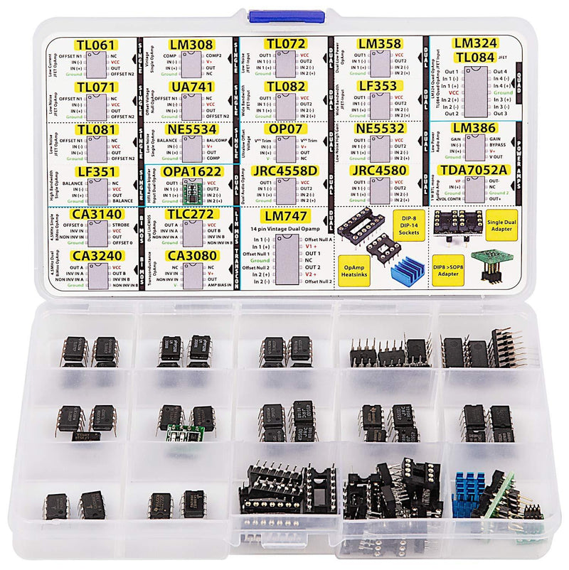 OpAmp Assortment 70 pcs incl. Sockets, TL061 TL071 TL081 UA71 LM308 LF351 LF353 NE5534 TL084 OPA1622 LM324 TL072 TL082 LM358 LM747 OP07 JRC4558D Dual NE5532 LM386 CA3080 CA3140 CA3240 TLC272 TDA7052