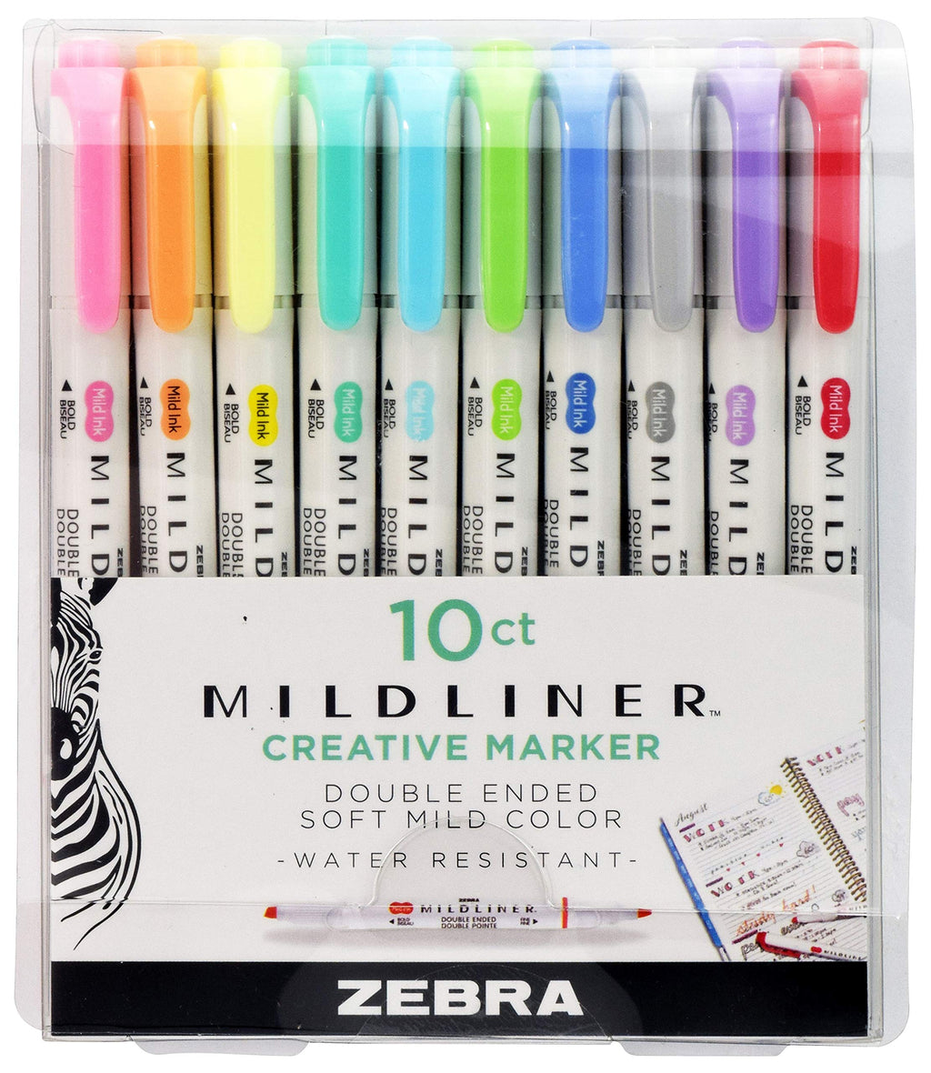 Zebra Pen Mildliner, Double Ended Highlighter, Broad and Fine Tips, Assorted Colors, 10 Pack (78101) Fluorescent & Cool