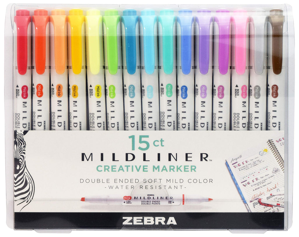 Zebra Pen Mildliner, Double Ended Highlighter, Broad and Fine Tips, Assorted Colors, 15 Pack