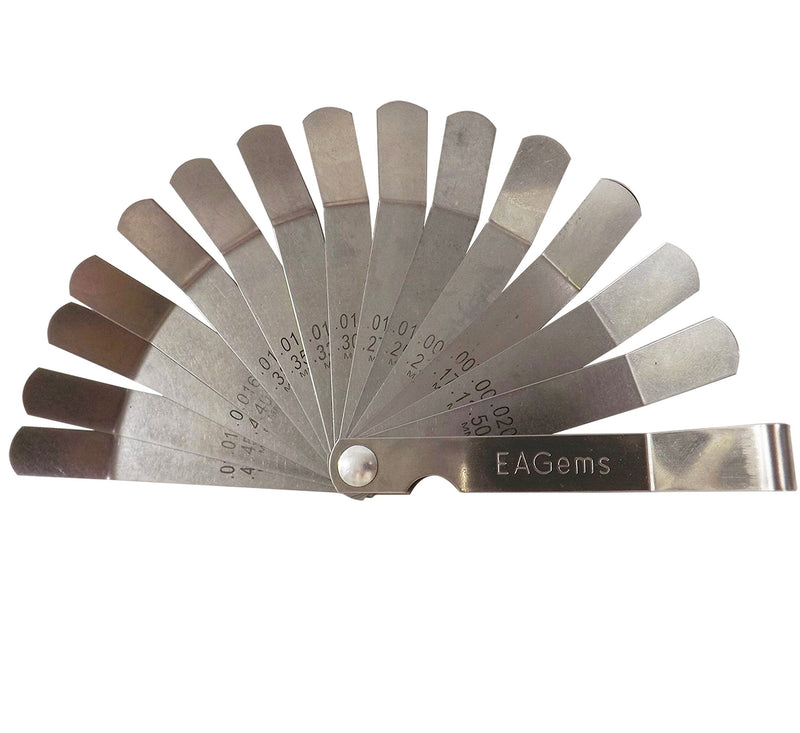 Offset Feeler Gauge Set by EAGems, for Measuring Gap Width or Thickness - Includes 16 Blades Imprinted with Inches and Millimeters, between .005-.020 inch / .127-.508 mm