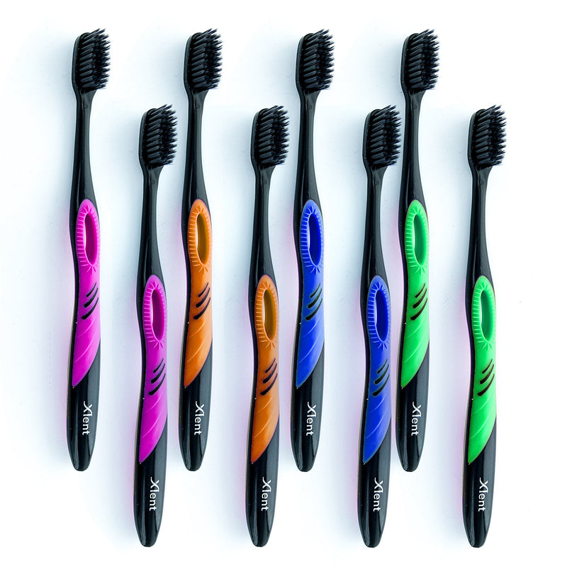 Activated Charcoal Bristle Toothbrush - Xtreme (Extreme) Soft, Ultrafine, Tapered bristles, Compact Head & Slim Design - (8 Count) 8 Count (Pack of 1)