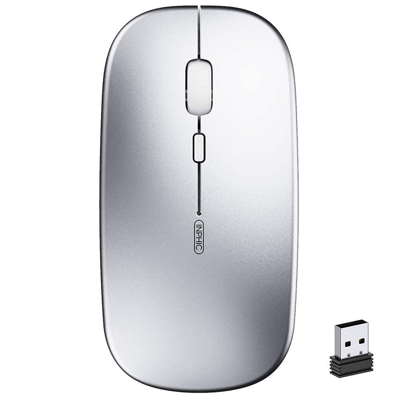 Wireless Mouse,Rechargeale & Noiseless, Inphic Ultra Slim USB 2.4G PC Computer Laptop Cordless Mice with USB Nano Receiver, 1600 DPI Travel Mouse for Office Windows Mac Linux MacBook, Silver