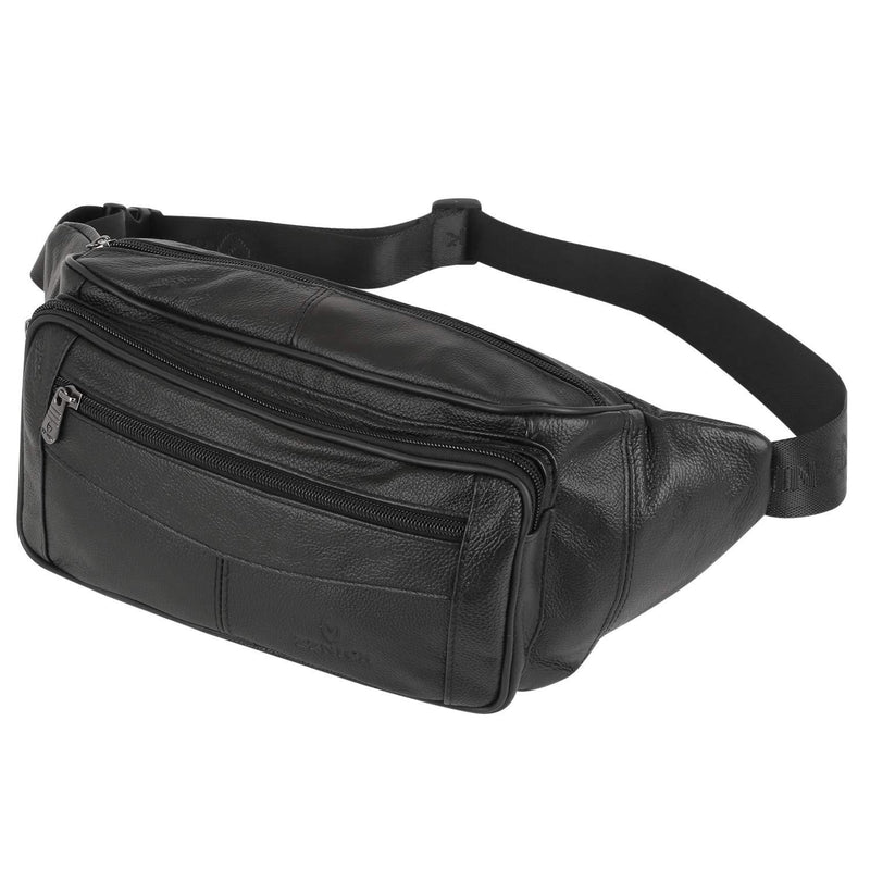 ZZNICK Genuine Leather Fanny Pack / Waist Bag / Organizer with Adjustable Belt, Multiple Pockets For Men and Women Black-873 Large