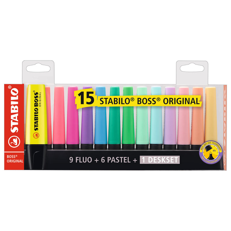 Stabilo Boss Original Highlighter Deskset of 15 Assorted Colours - Limited Edition Set of 15 Multicolor